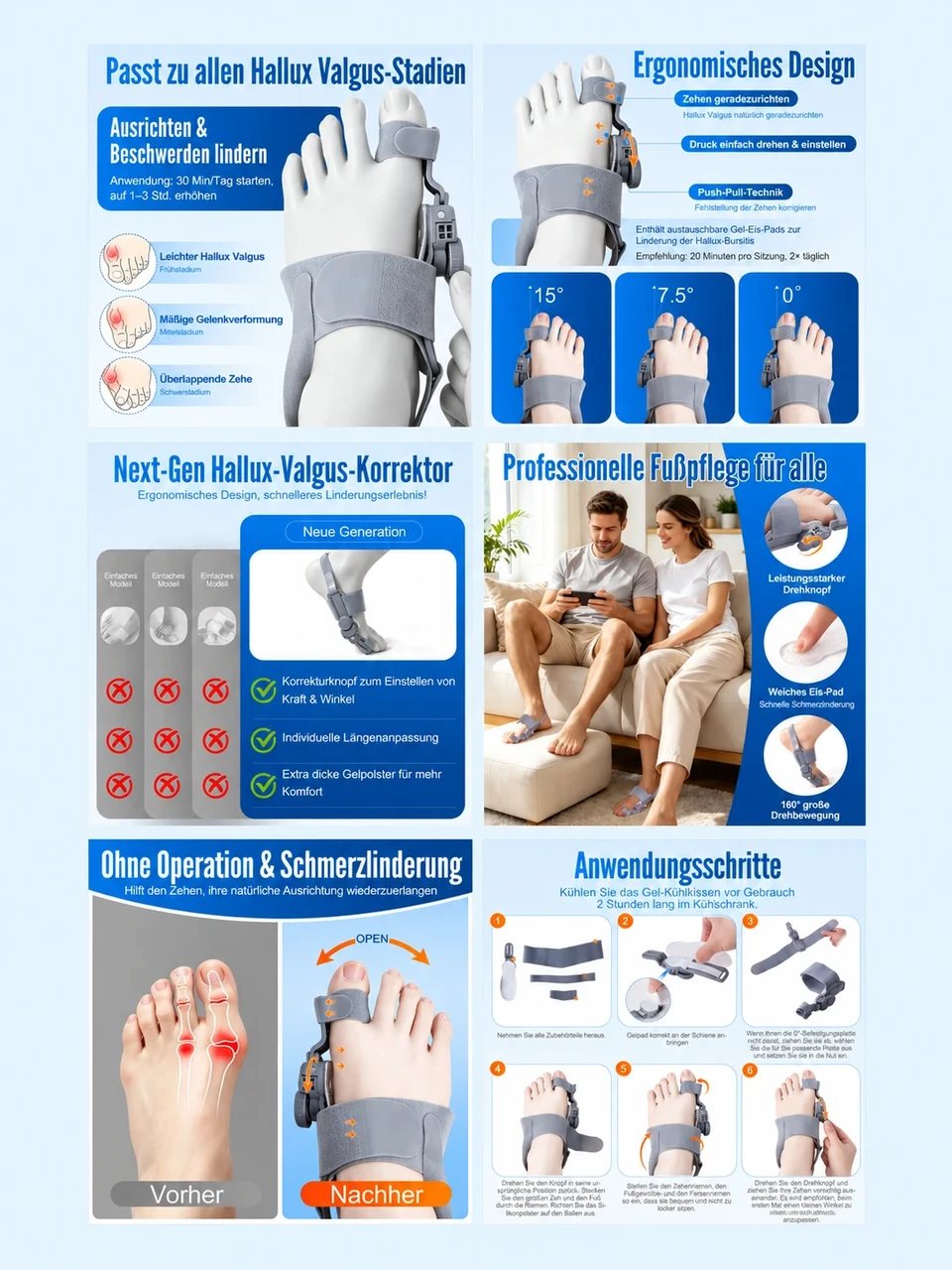 A blue and white foot care listing design combining product details and lifestyle imagery.