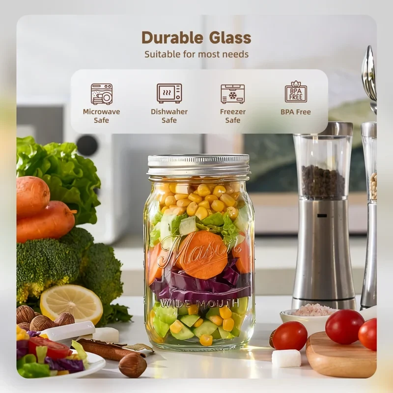 A listing infographic presenting the features of a glass storage jar.