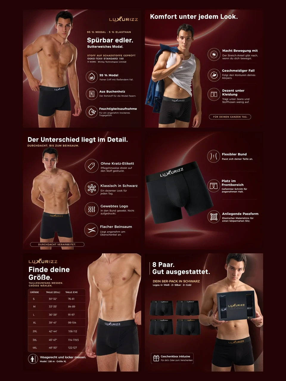 Modal underwear listing images featuring product details, lifestyle photography and sizing.