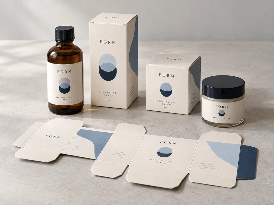 Packaging design concept with coordinated printed cartons, labels and a flat carton dieline.