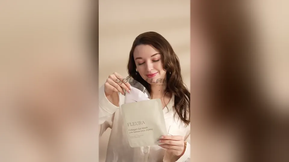 A model demonstrates a collagen gel face mask, from opening the packaging to application and skincare close-ups.