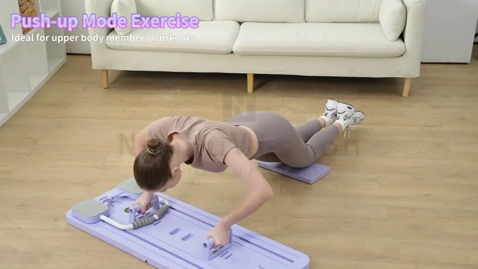 A model demonstrates push-up, rolling and resistance exercises on a fitness board.