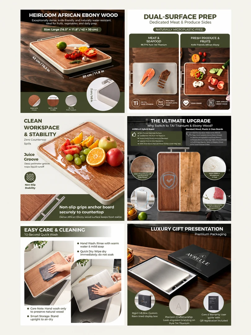 Six-panel cutting board case study showing product features, food preparation, cleaning and premium packaging.